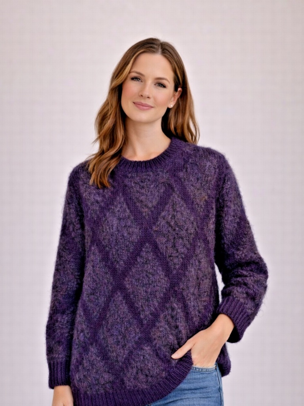 Linda Allard Ellen Tracy Vintage Hand Knit Mohair Wool Pullover Sweater Plum L